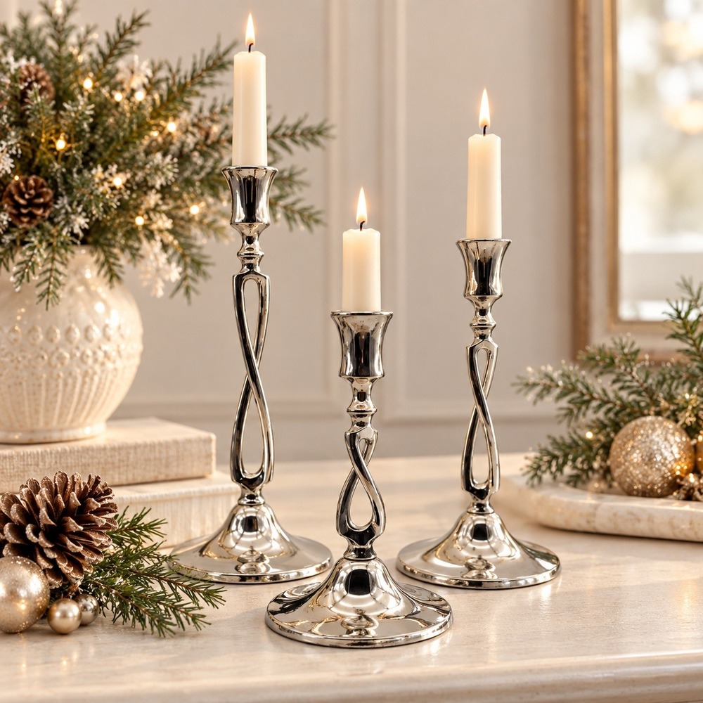 Vintage Silver Tone Metal Twisted Stem Candlestick Holders Set of 3 Graduated